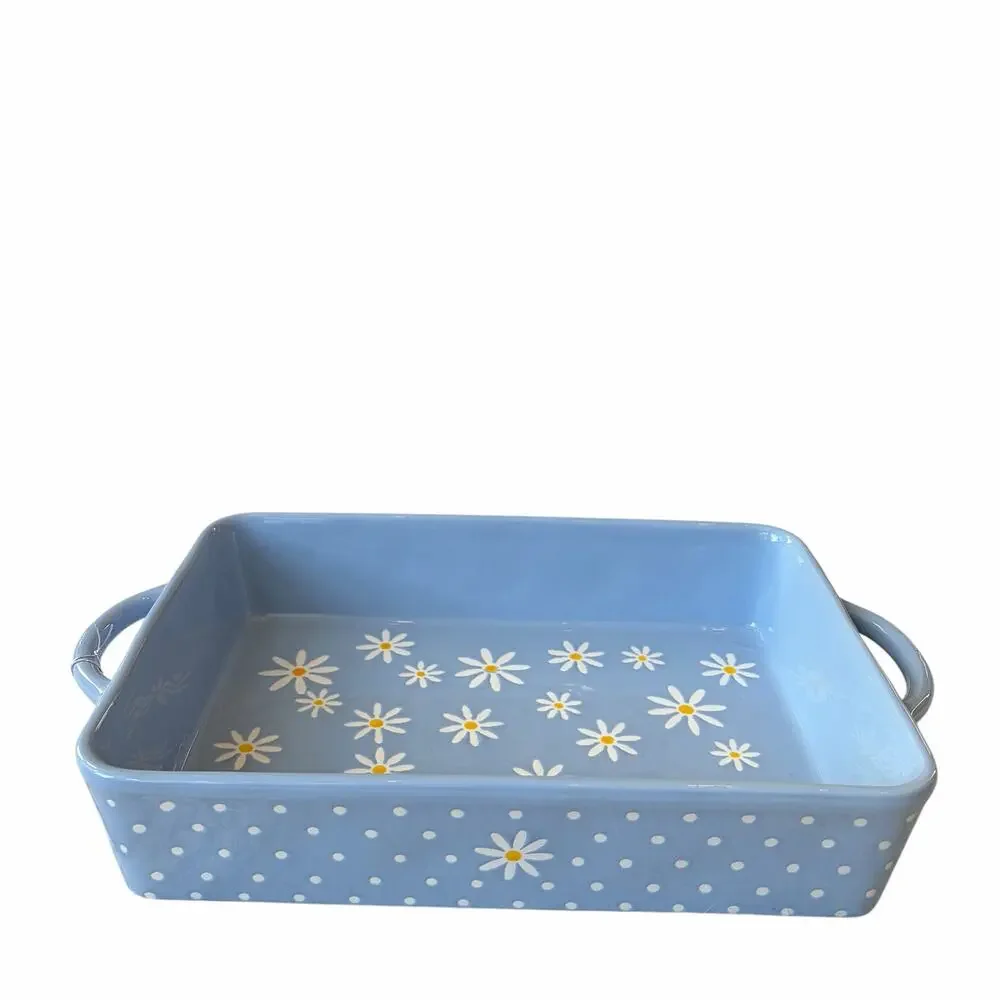 10 Strawberry Street Daisy Rectangular Baker 12x8 Blue Polka Dot NEW